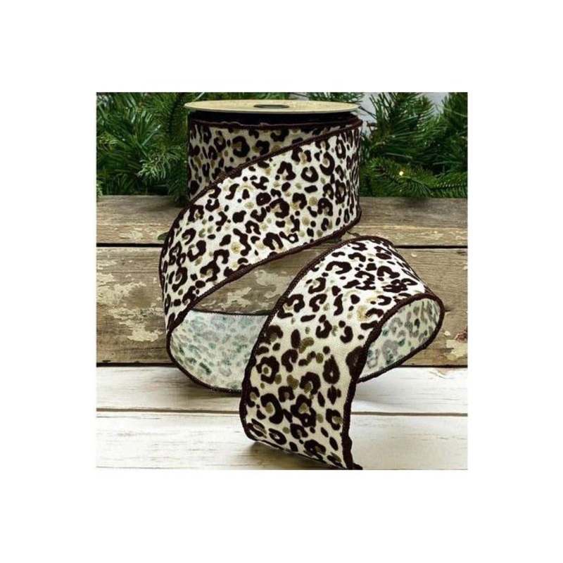 2.5″ Linen Leopard Print Ribbon: Cream (10 Yards)