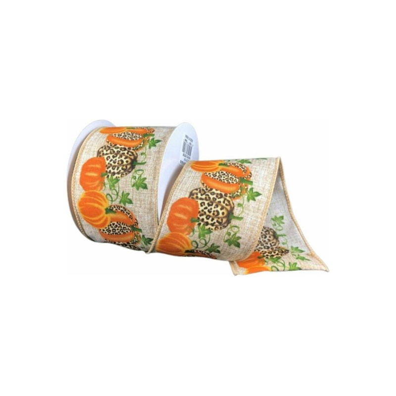 2.5″ Natural Linen Cheetah Pumpkin Ribbon: Orange (10 Yards)