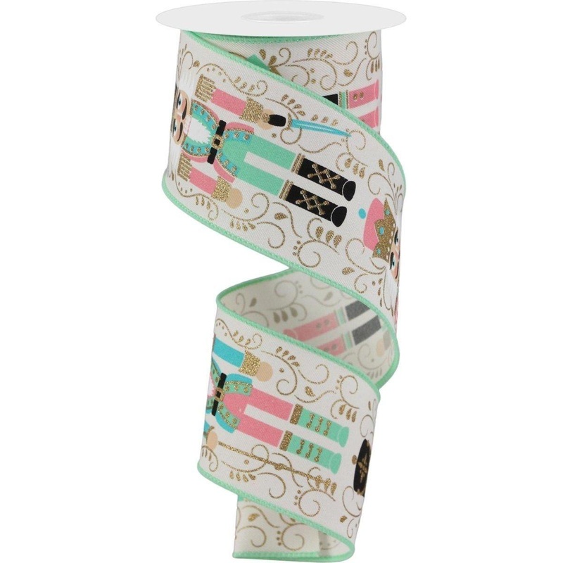 2.5″ Nutcracker Ribbon: Ivory/Mint Green (10 Yards)