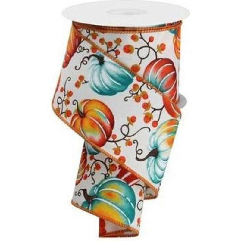 2.5″ Pumpkins Bittersweet Ribbon: Ivory/Teal/Rust