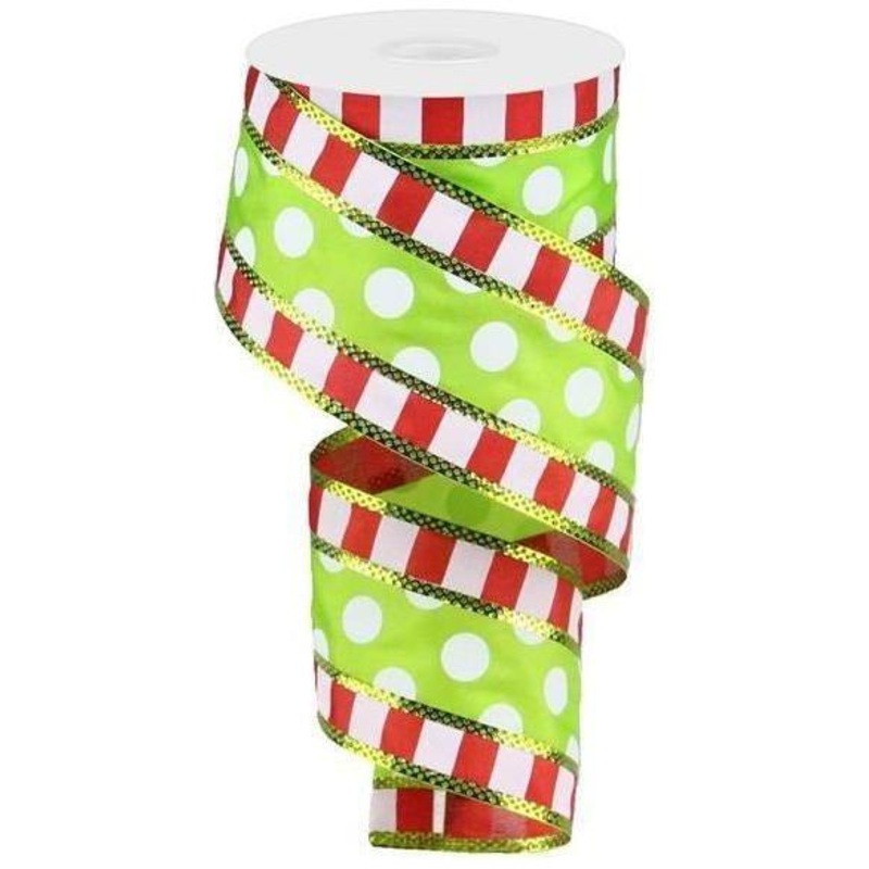 2.5″ Striped Edge Polka Dot Ribbon: Red, Green & White (10 Yards)