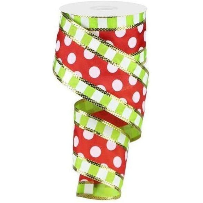 2.5″ Striped Edge Polka Dot Ribbon: Red, Lime & White (10 Yards)