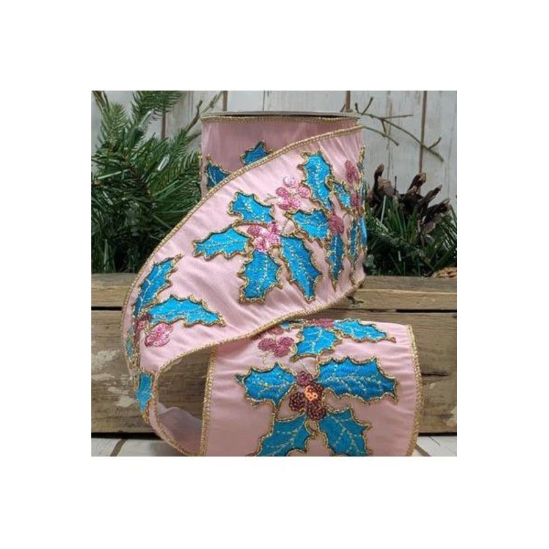4″ Dupion Pastel Holly Embroider Ribbon: Light Pink (5 Yards)