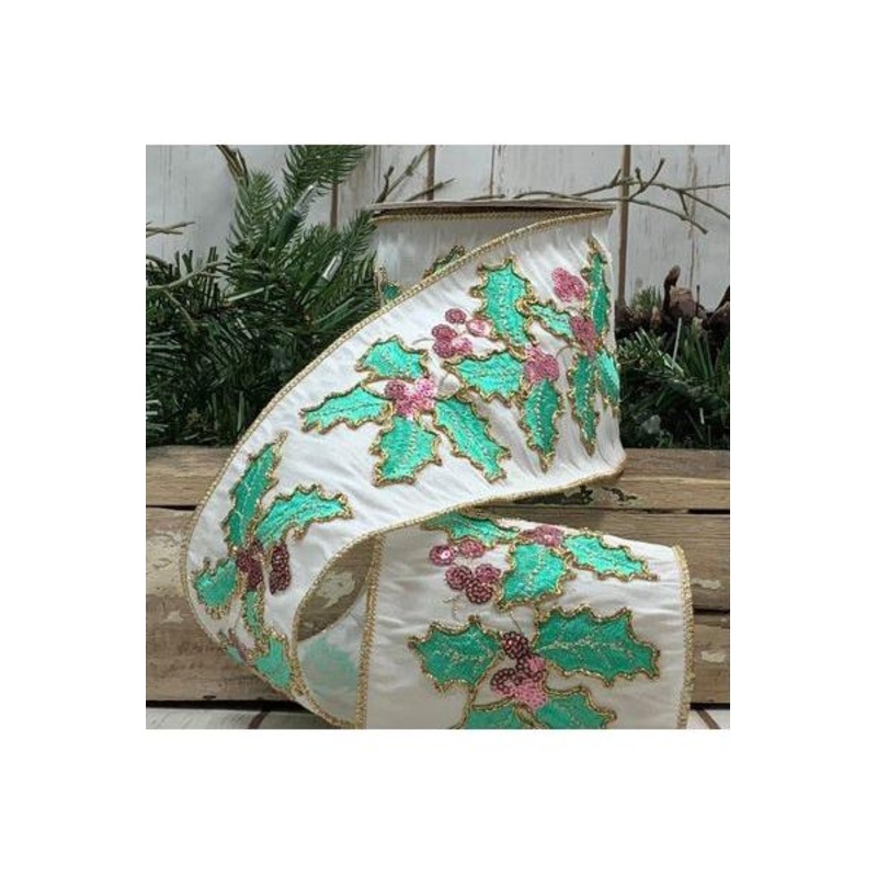 4″ Dupion Pastel Holly Embroider Ribbon: White (5 Yards)