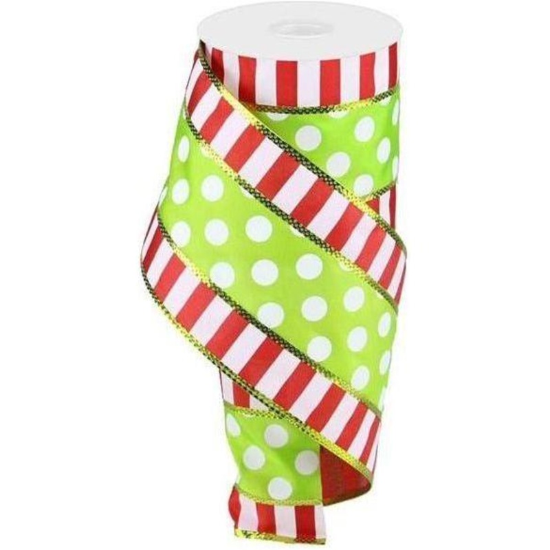 4″ Striped Edge Polka Dot Ribbon: Red, Green & White (10 Yards)