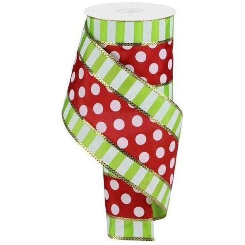 4″ Striped Edge Polka Dot Ribbon: Red, Lime & White (10 Yards)