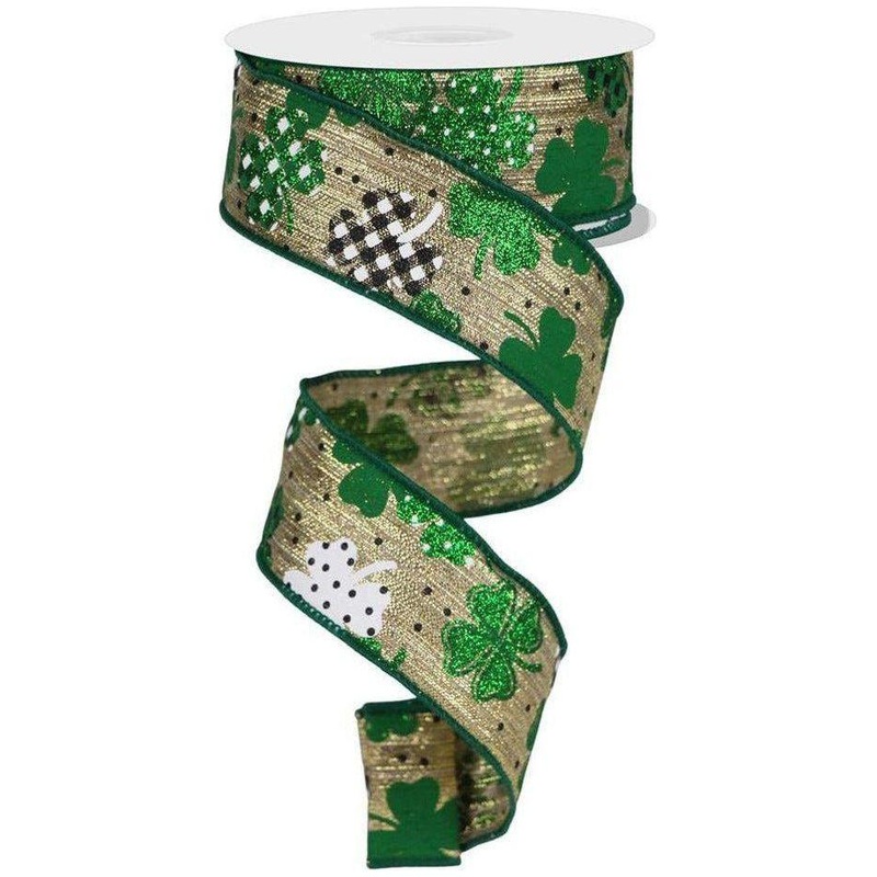 1.5″ Pattern Shamrock Ribbon: Gold (10 Yards)