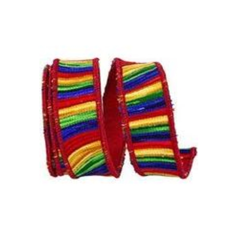 1.5″ Waves Embroidery Dupioni Backed Ribbon: Rainbow (5 Yards)