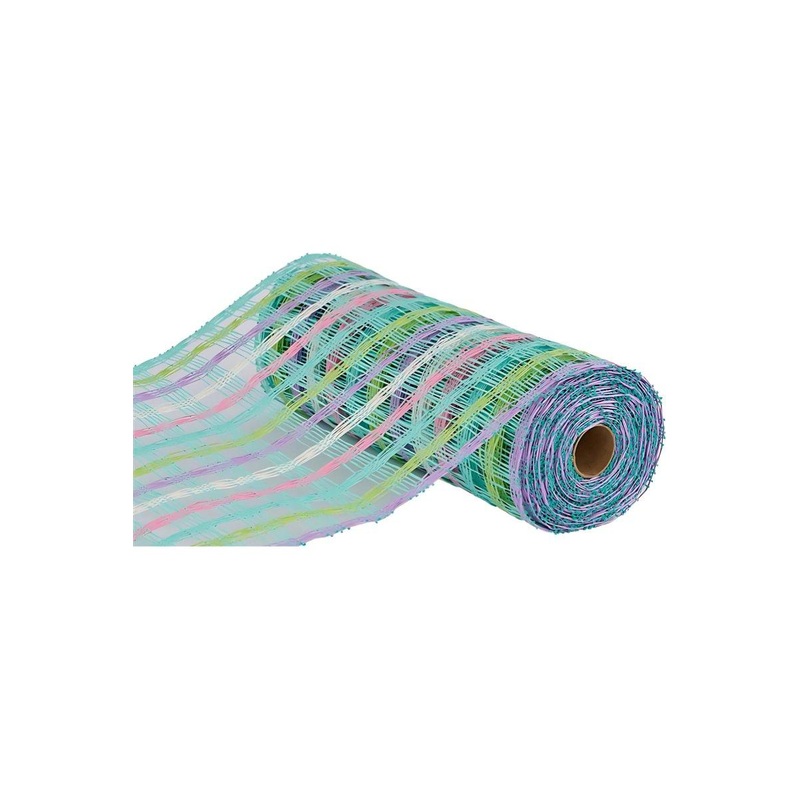10″ Plaid Poly Burlap Mesh Ribbon: Mint/White/Pink