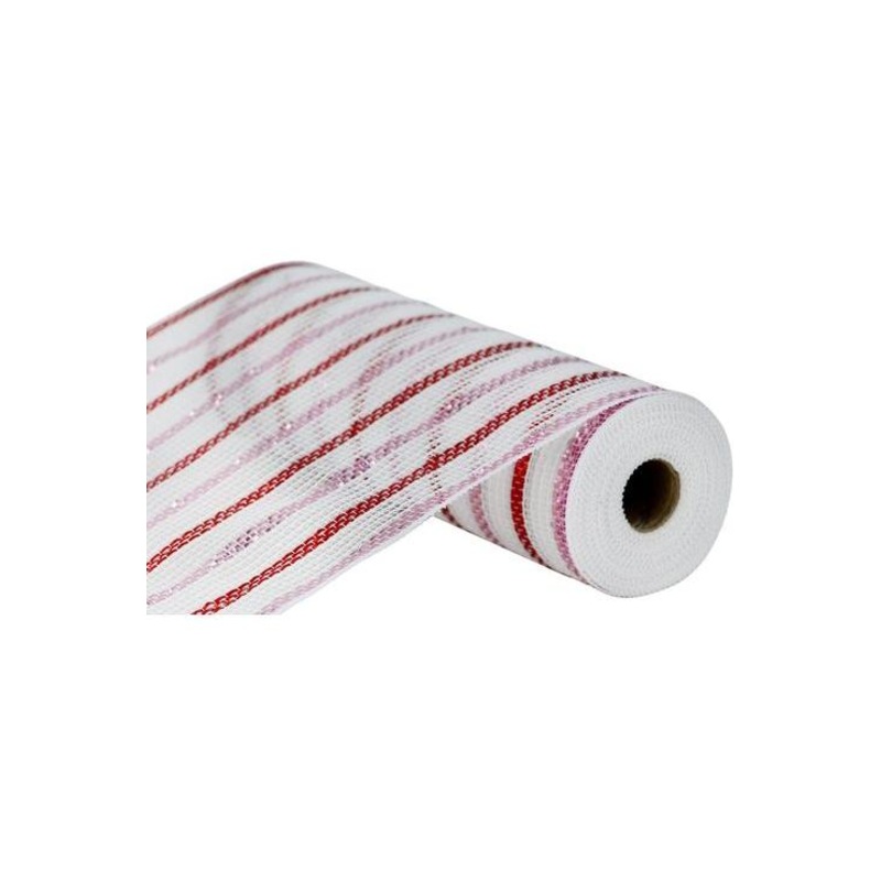 10″ Poly Faux Jute Metallic Mesh Ribbon: White/Pink/Red (10 Yards)