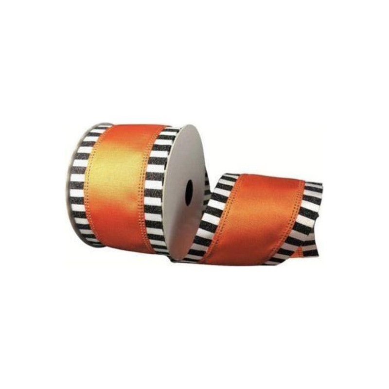 2.5″ Black & White Glitter Edge Ribbon: Orange (10 Yards)
