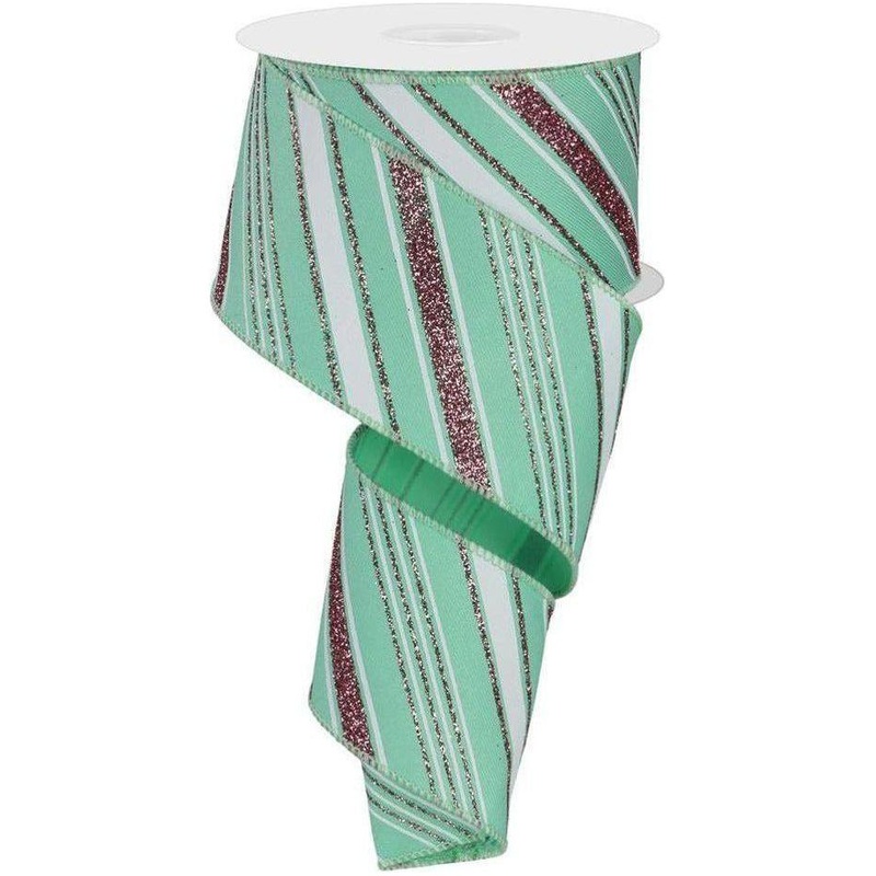 2.5″ Diagonal Line Ribbon: Mint Green (10 Yards)