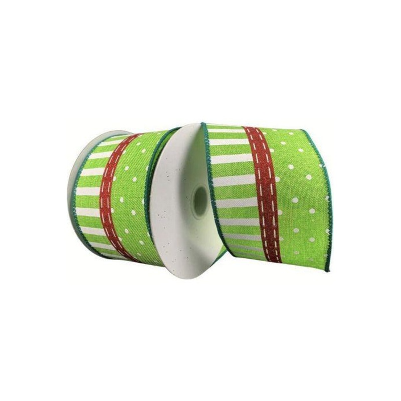 2.5″ Dots and Stripes Whimsy Ribbon: Red, Green & White (10 Yards)