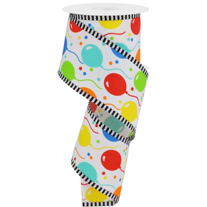 2.5″ Party Balloons Stripe Edge Ribbon: Primary Colors