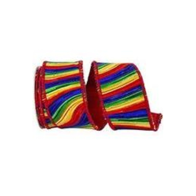 2.5″ Waves Embroidery Dupioni Backed Ribbon: Rainbow (5 Yards)