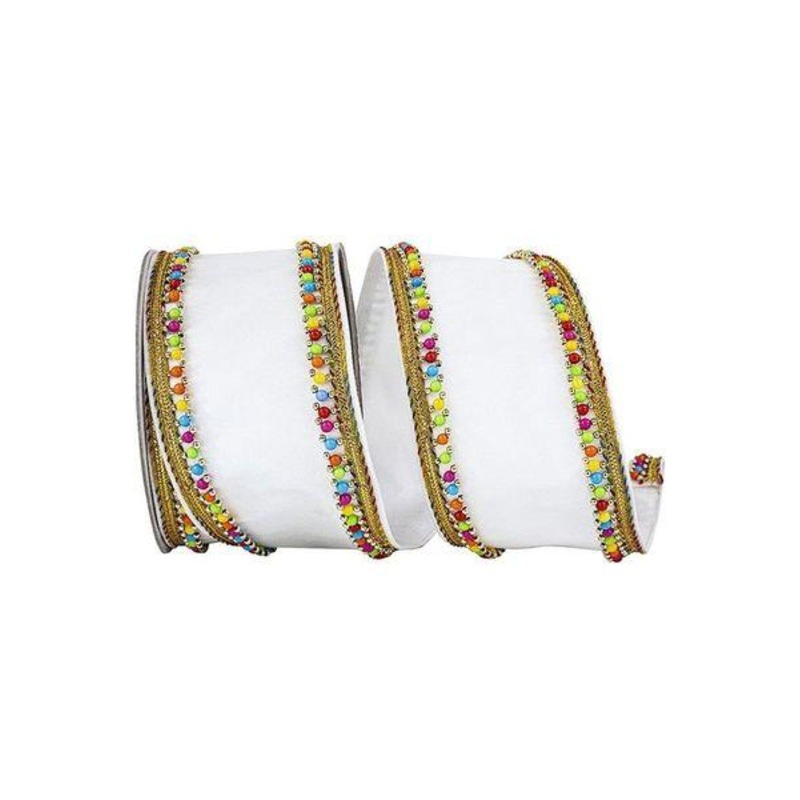 4″ Beaded Candy Edge Ribbon: White (5 Yards)