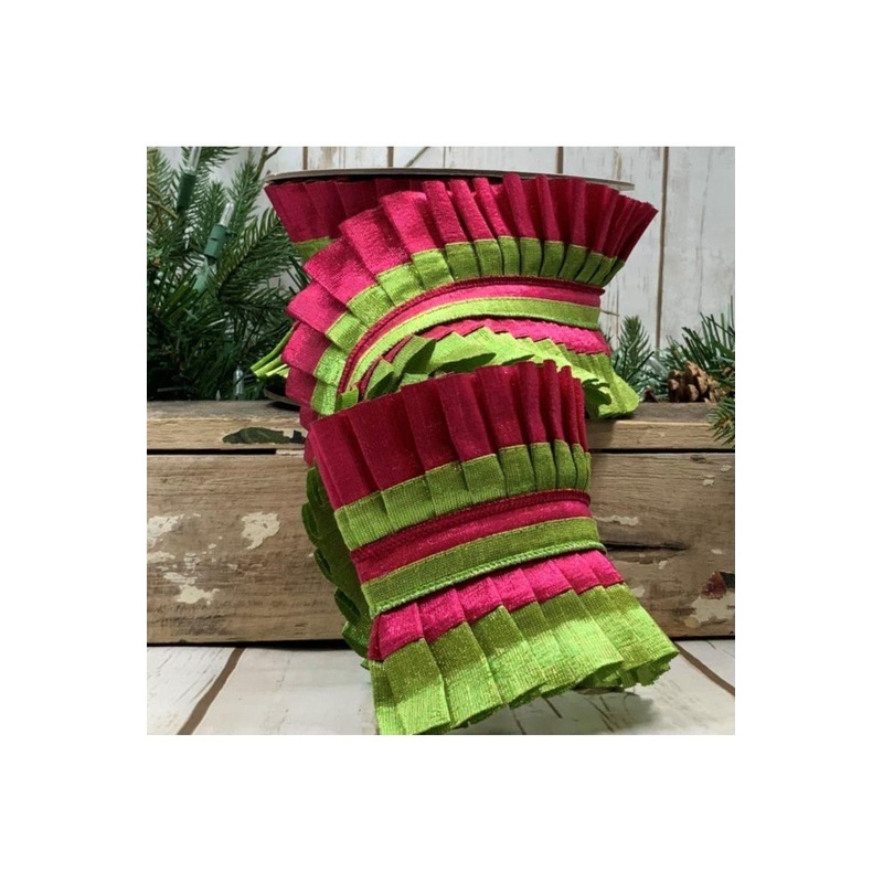 4″ Metallic Dupion Pleated Ruffle Ribbon: Lime/Hot Pink (5 Yards)