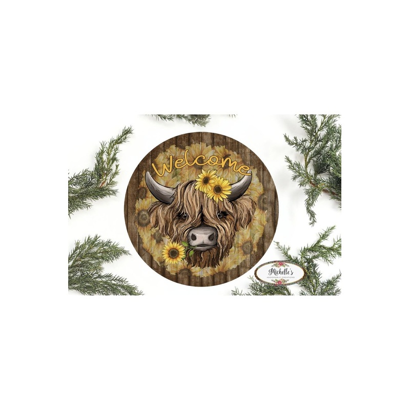 Highland Cow Welcome Sunflower Round Sign