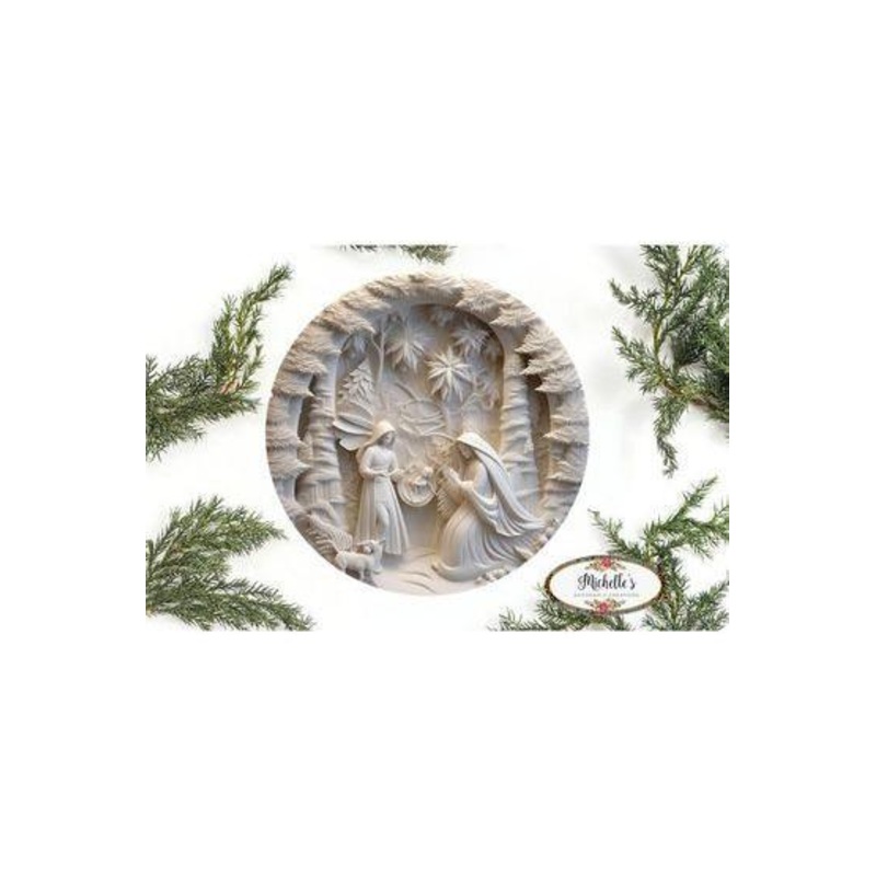 Ivory Carving Christmas Nativity 3D Round Sign – Wreath Enhancement