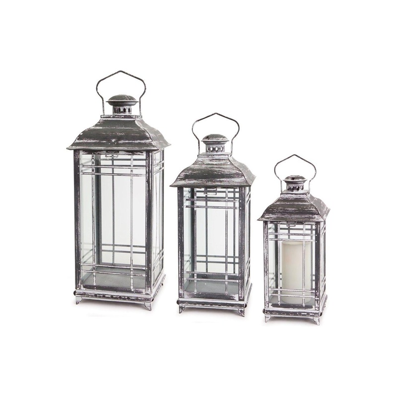 Weathered Graphite Grey Metal and Glass Lanterns (Set of 3)
