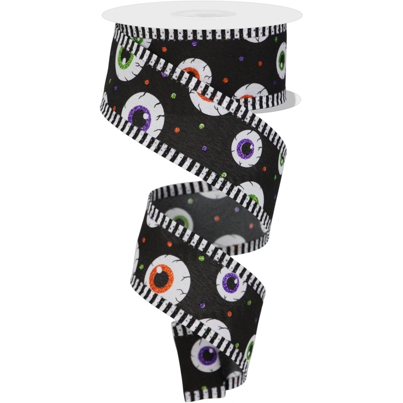 1.5″ Eyeball Striped Edge Ribbon: Black (10 Yards)