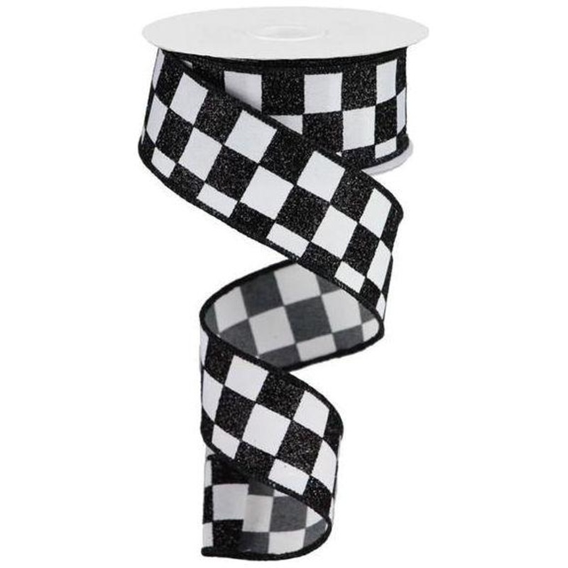 1.5″ Glitter Check Ribbon: Black (10 Yards)