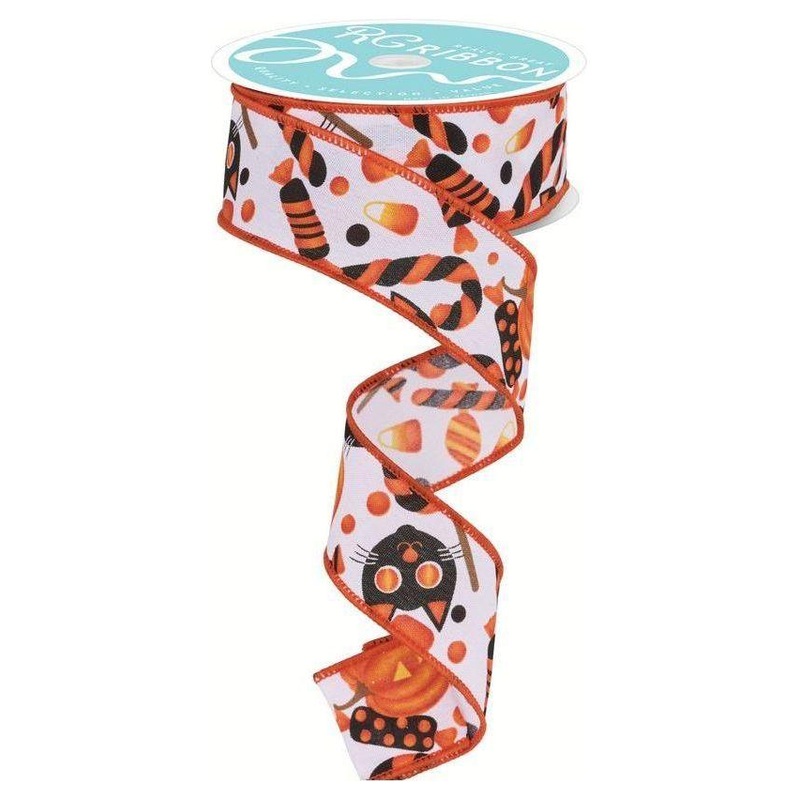 1.5″ Pumpkin Cat Candy Ribbon: White (10 Yards)