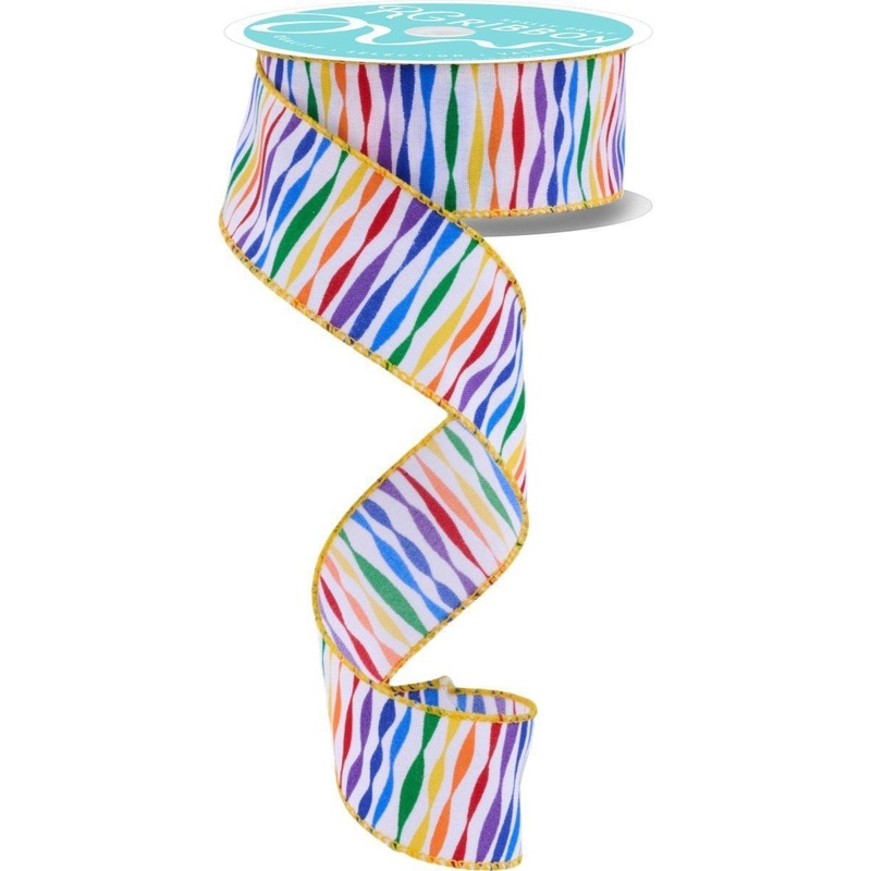 1.5″ Rainbow Twisted Stripe Ribbon: White (10 Yards)