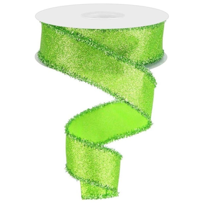 1.5″ Shimmer Glitter Tinsel Ribbon: Lime Green (10 Yards)