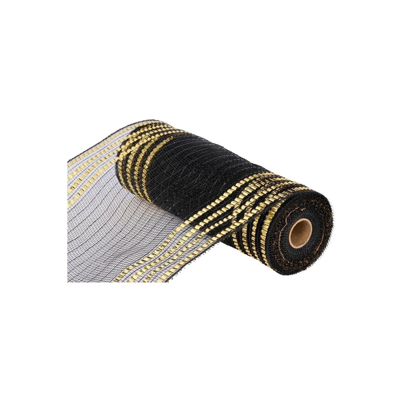 10″ Metallic Foil Border Mesh Ribbon: Black/Gold (10 Yards)
