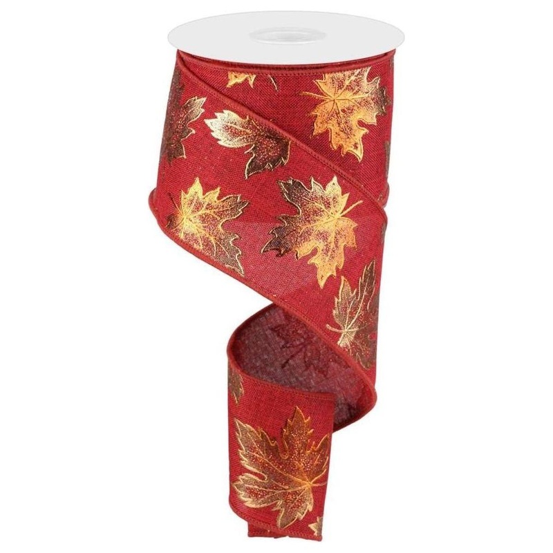 2.5″ Foil Maple Leaf Royal Ribbon: Burgundy (10 Yards)