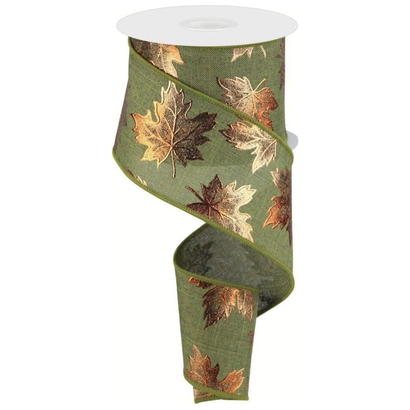 2.5″ Foil Maple Leaf Royal Ribbon: Moss Green (10 Yards)