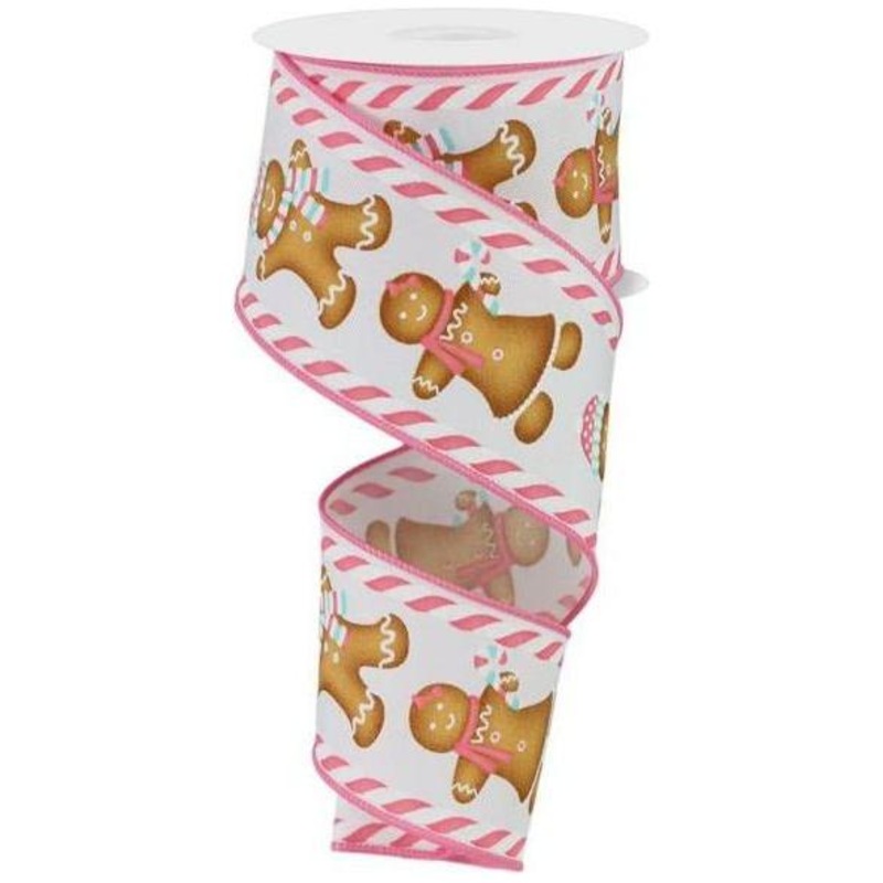 2.5″ Gingerbread Boy Girl Ribbon: White/Pink (10 Yards)