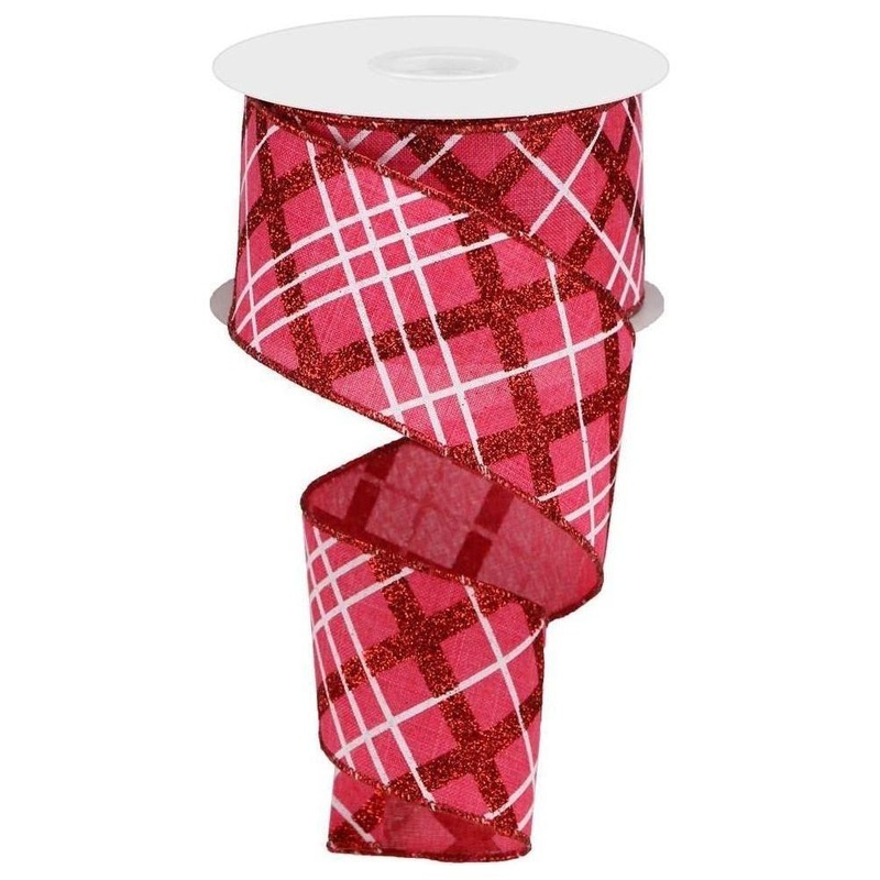 2.5″ Glitter Diagonal Plaid: Hot Pink/Red (10 Yard)