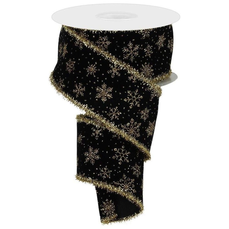 2.5″ Glitter Snowflakes Tinsel Ribbon: Gold/Black (10 Yards)