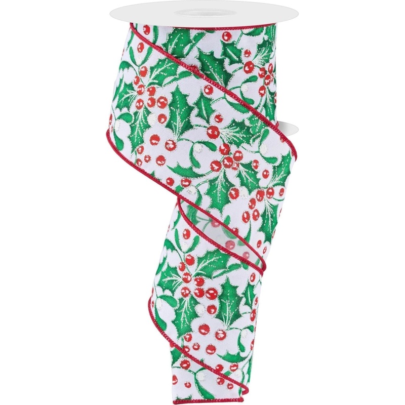 2.5″ Holly Berry Mistletoe Ribbon: White/Green (10 Yards)