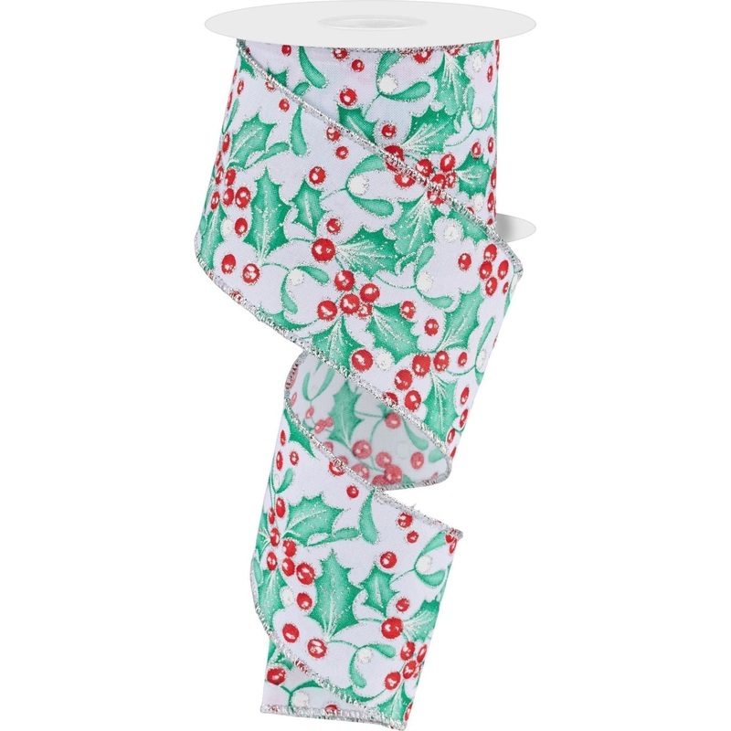 2.5″ Holly Berry Mistletoe Ribbon: White/Mint (10 Yards)