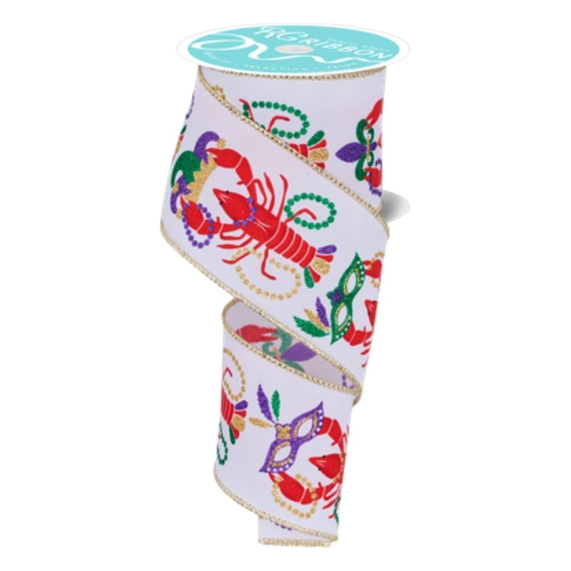 2.5″ Mardi Gras Crawfish Ribbon: White (10 Yards)