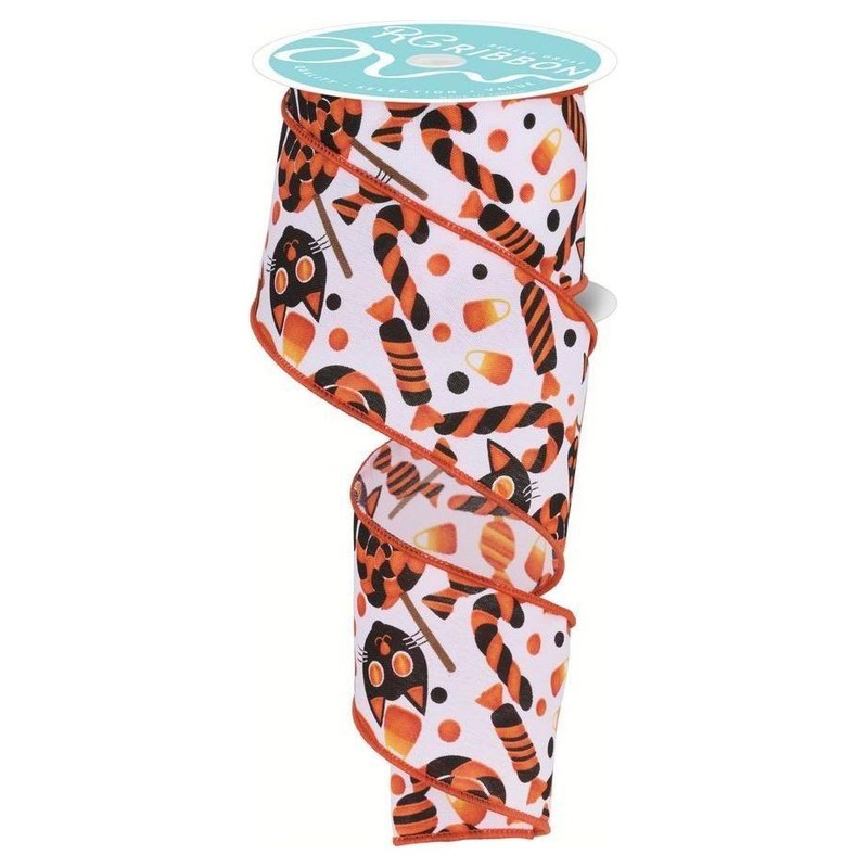 2.5″ Pumpkin Cat Candy Ribbon: White (10 Yards)