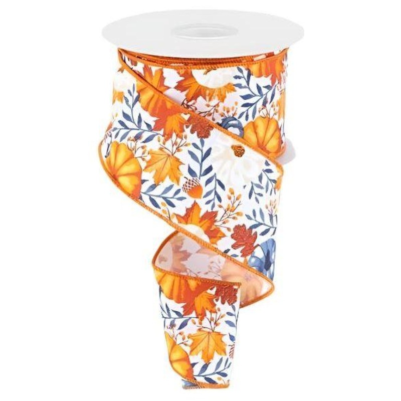 2.5″ Pumpkin Foliage Ribbon: White/Navy (10 Yards)