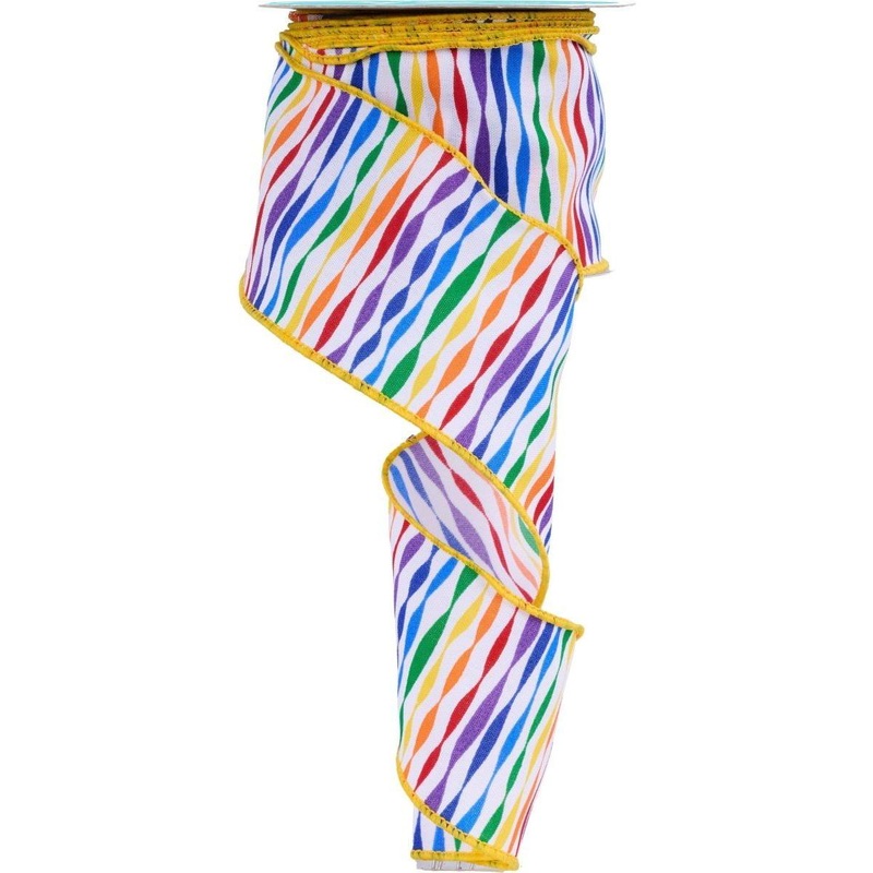 2.5″ Rainbow Twisted Stripe Ribbon: White (10 Yards)