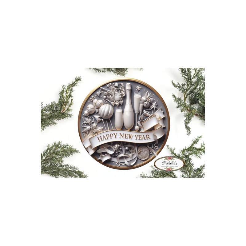 Faux 3D Happy New Year Round Sign – Wreath Enhancement