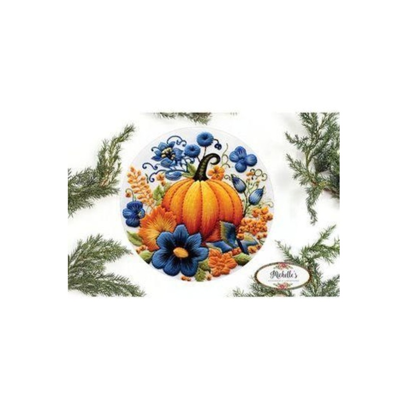 Faux Embroidery Pumpkin Blue Flowers Sign – Wreath Enhancement