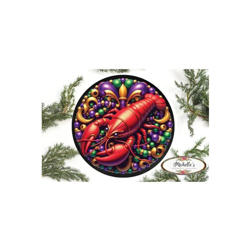 Mardi Gras Crawfish Fleur Round Sign – Wreath Enhancement