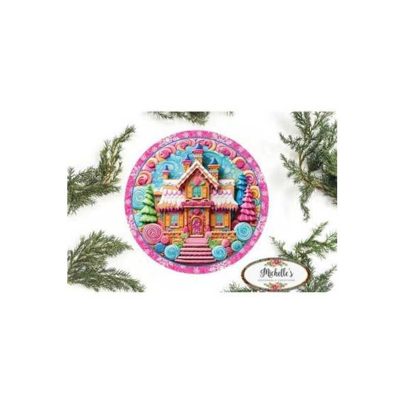Pink Candy Gingerbread Cookie House Faux 3D Sign – Wreath Enhancement