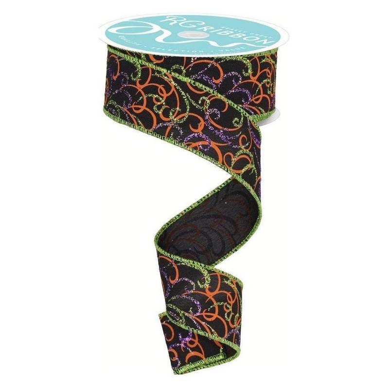 1.5″ Multi Swirls Glitter Ribbon: Black/Orange/Purple/Lime (10 Yard)
