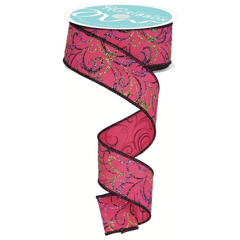 1.5″ Multi Swirls Glitter Ribbon: Hot Pink/Lime/Black (10 Yard)
