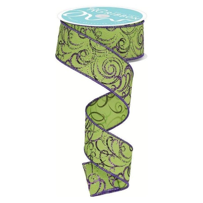 1.5″ Multi Swirls Glitter Ribbon: Lime Green/Purple (10 Yard)