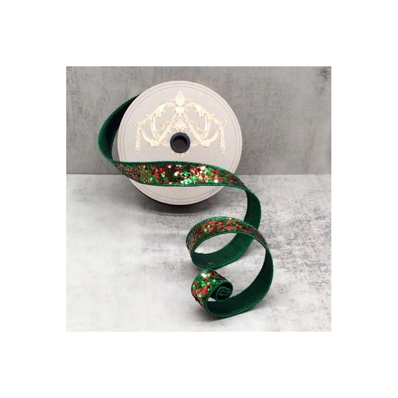 1″ Cirque Glitter Ribbon: Emerald Green/Red (10 Yards)