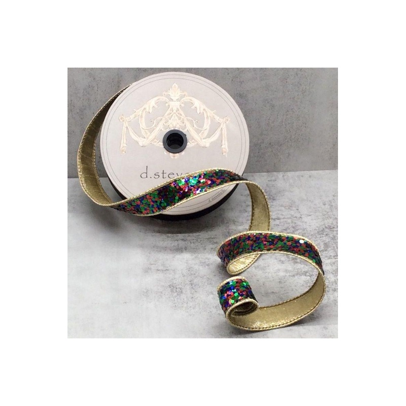 1″ Cirque Glitter Ribbon: Emerald Green/Red/Blue (10 Yards)